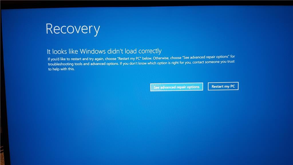 Windows 10 recovery it looks like windows didn't load correctly