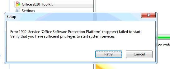 Corrected the error "Setup Error 1920 Service Office Software Protection Platform osppsvc falied to start" on office 2010