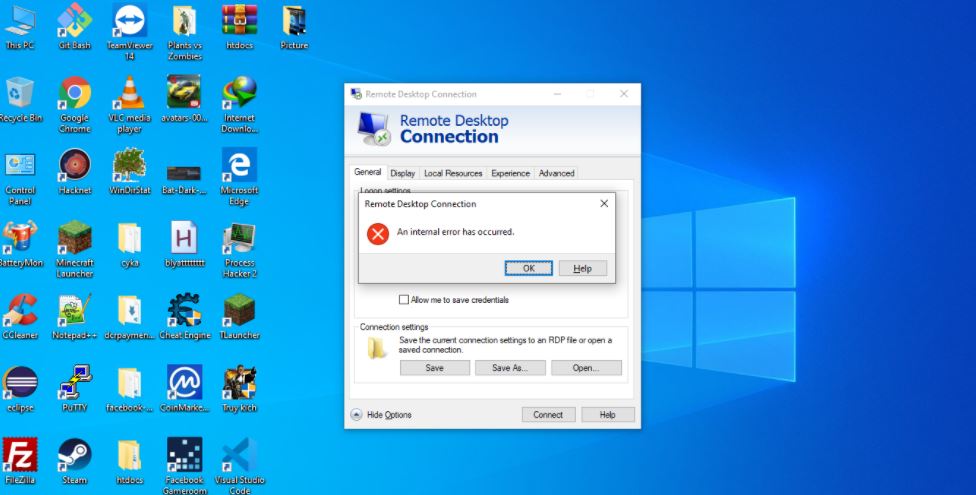 an internal error has occurred rdp