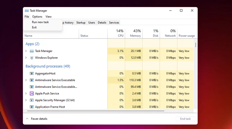 Open Registry Editor from Task Manager