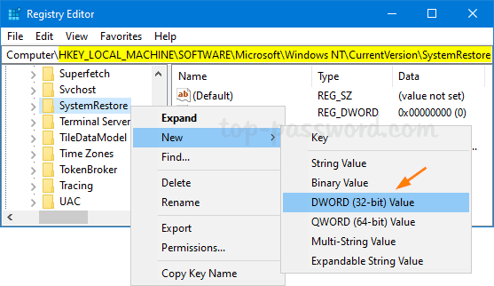 Right-click the SystemRestore key on the left and choose New> DWORD (32-bit) Value