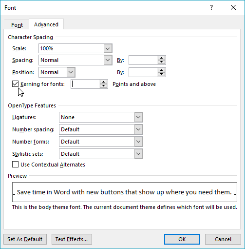 Allow Word to set kerning between characters that are of a certain font size or larger