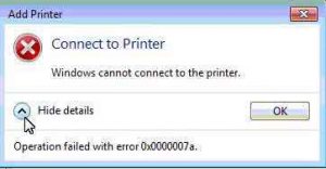 Windows Cannot Connect to the Printer – Operation Failed with Error 0x0000007a