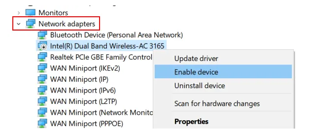 Enable your WiFi Adapter in Device Manager