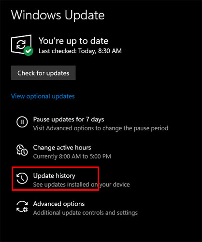 Check the history of Windows updates for removal