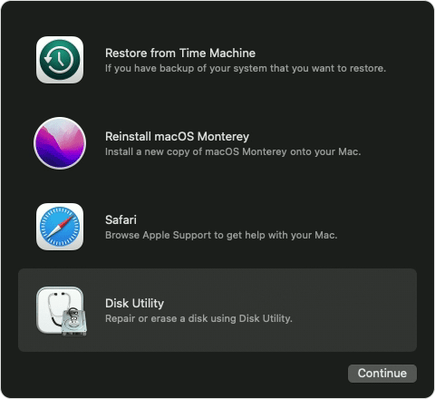 select Disk Utility and click Continue