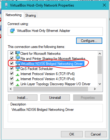 Check "VirtualBox NDIS6 Bridged Networking driver"