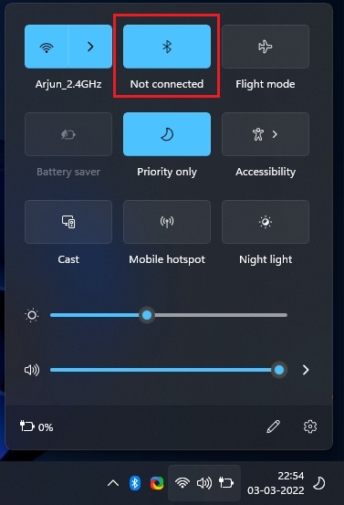 Enable Bluetooth from Action Center on Windows 11
