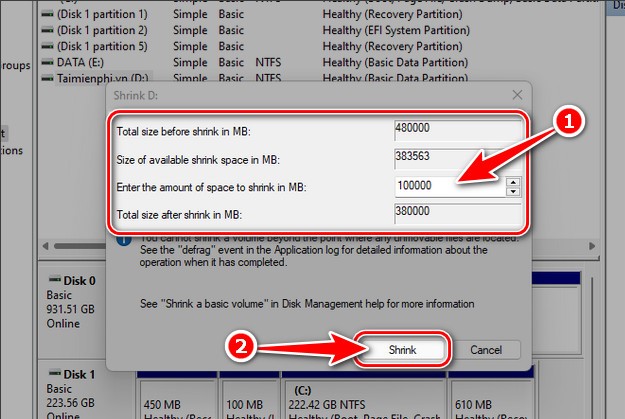 Enter the amount of space to shrink in MB