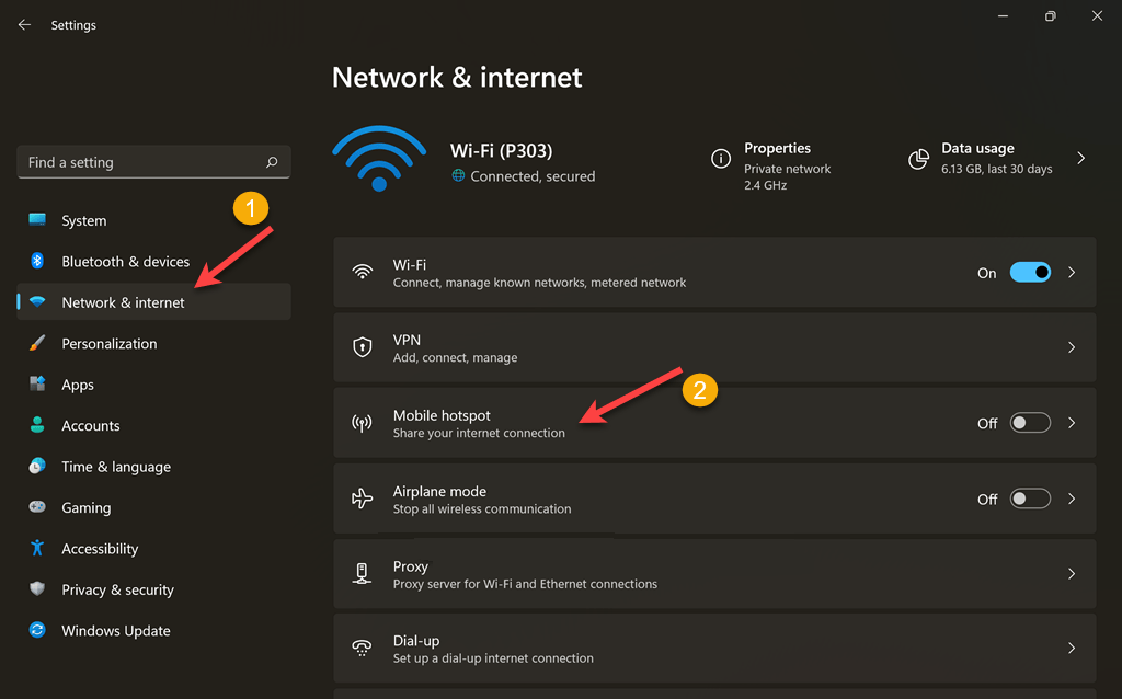 How to set up Mobile hotspot Win 11 step 1