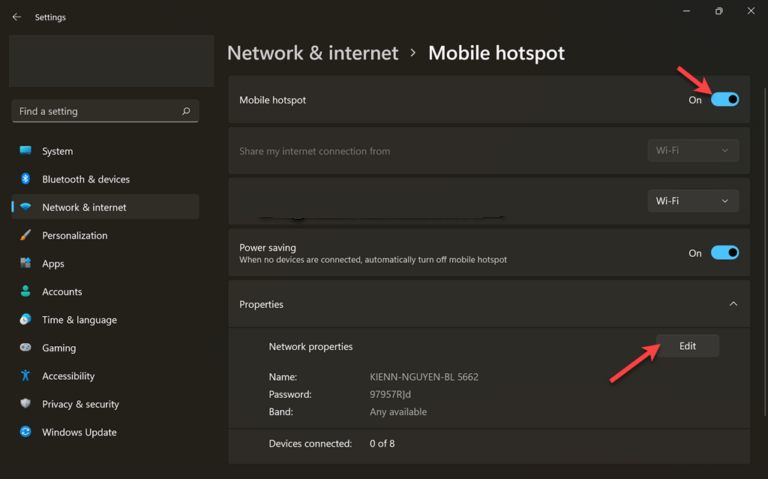 How to set up Mobile hotspot Win 11 step 2