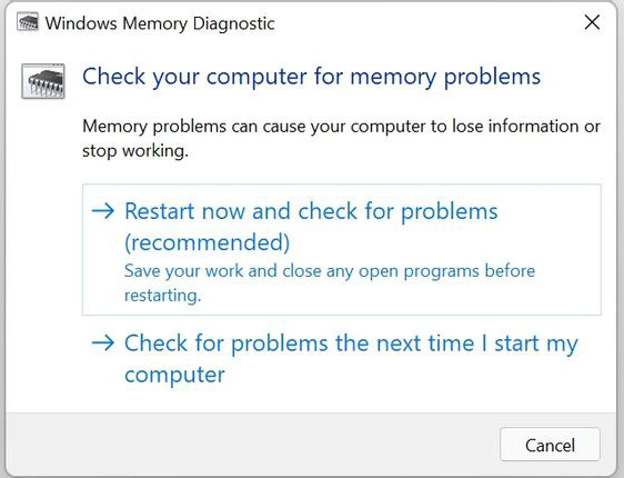 Run the Windows Memory Diagnostic utility