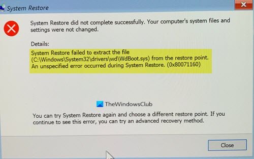 System Restore failed to extract the file Windows 10 error 0x80071160