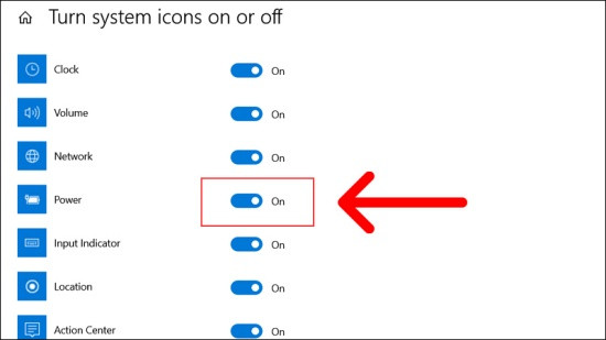 Turn on Power in the Taskbar's Settings