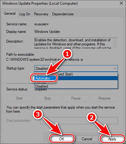 select Automatic in the Startup Type