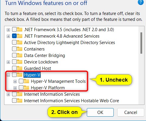 uncheck the Hyper-V feature