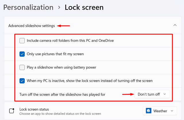 Select Slideshow as default Windows 11 lock screen