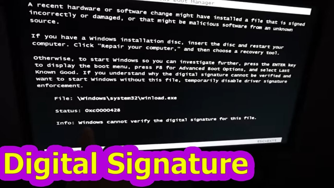 Windows cannot verify the digital signature for this file 0xc0000428