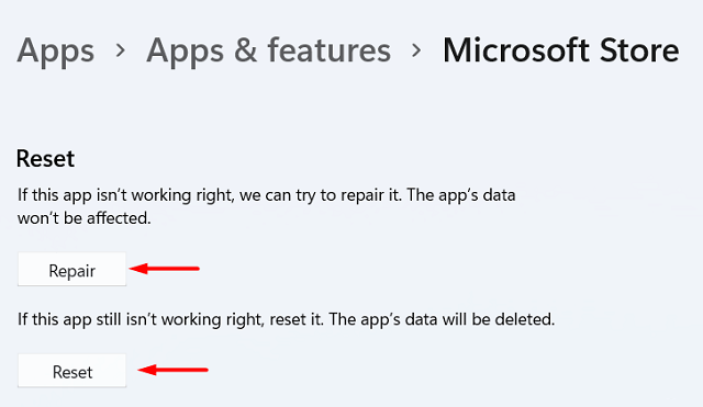 Repair or reset Microsoft Store