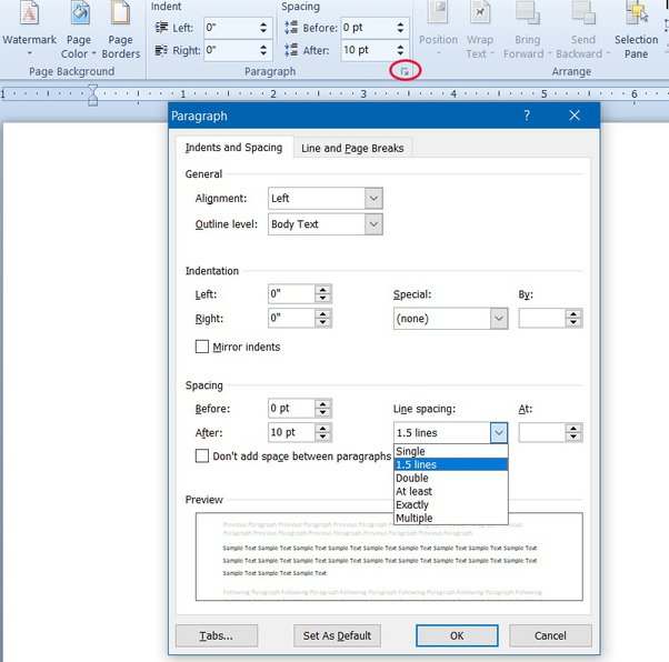 How to make 1.5 line spacing in Word