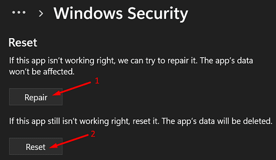 Repair and Reset Windows Security