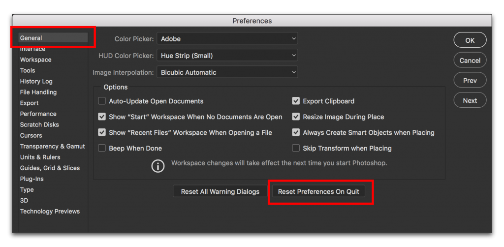 Reset Photoshop Options