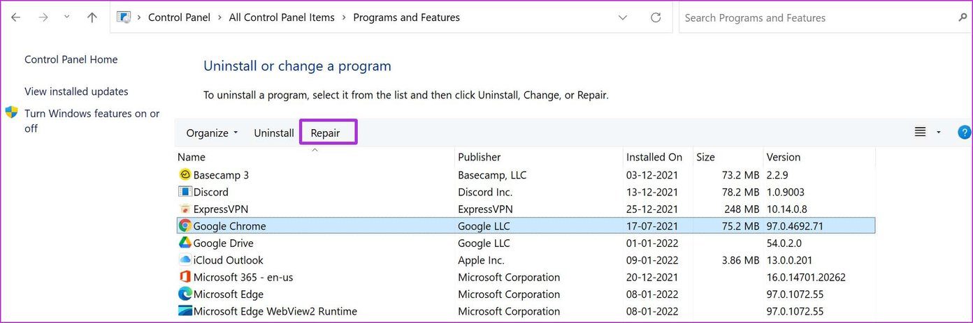 Repair chrome Programs and Features menu.